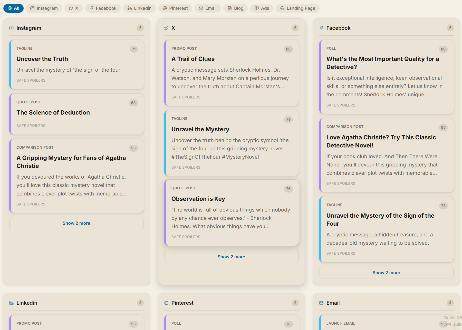 The Campaign Playbook generates a complete marketing campaign — social posts, email sequences, ad copy, and a landing page — from your manuscript.